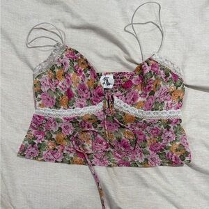 Princess Polly Floral Lace Trim Tank Top - Pink and Green